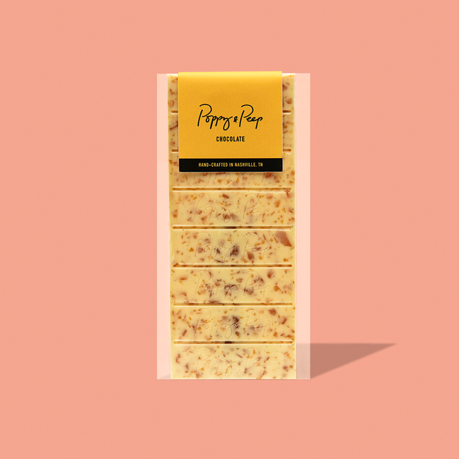 Poppy & Peep crème brûlée white chocolate bar with caramelized sugar pieces
