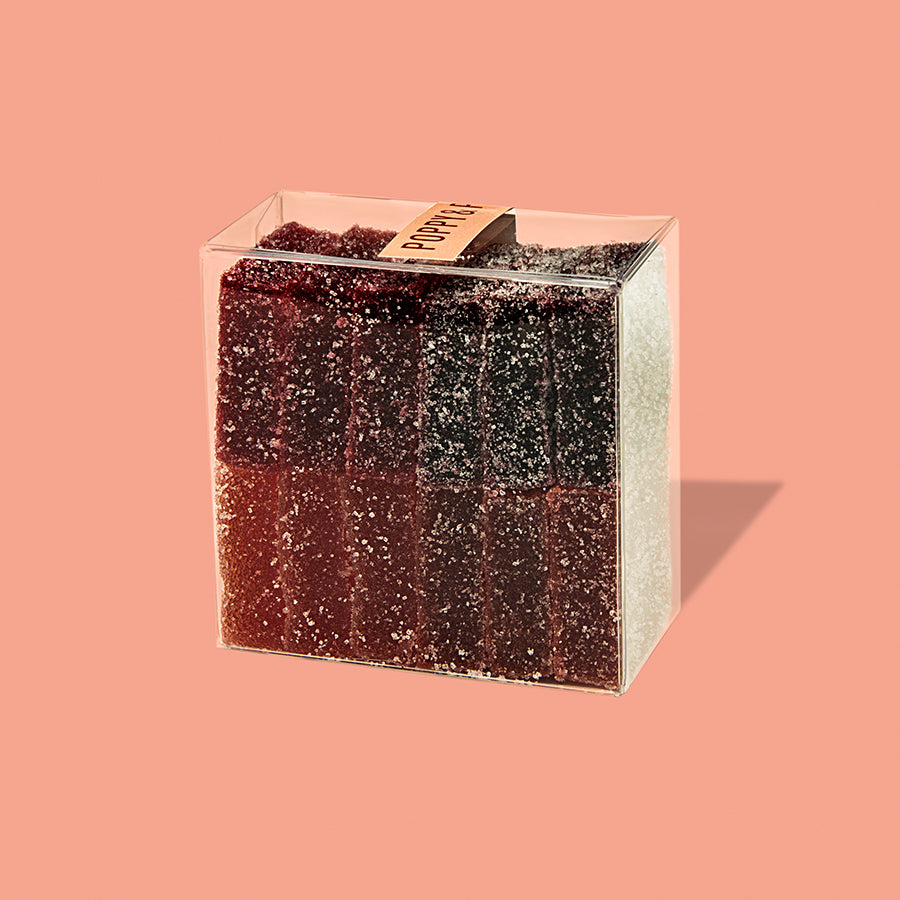 Clear box of Poppy & Peep pâte de fruits, berry and citrus fruit jellies dusted in sugar