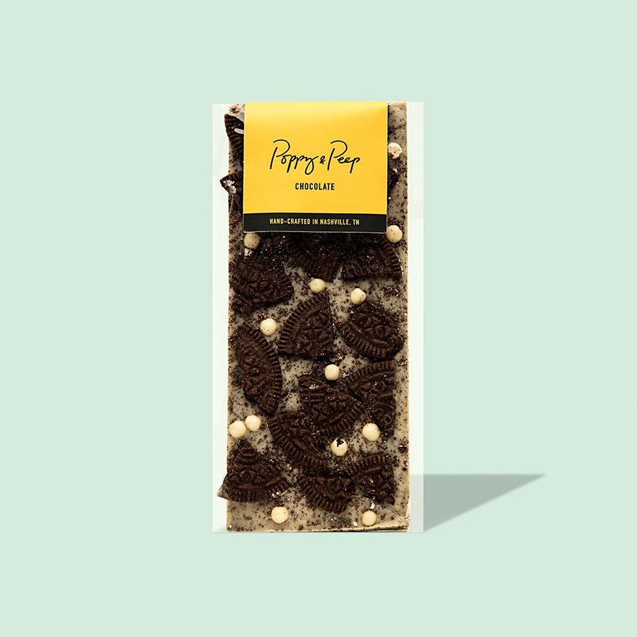 Poppy & Peep cookies and cream white chocolate bar topped with chocolate cookie pieces