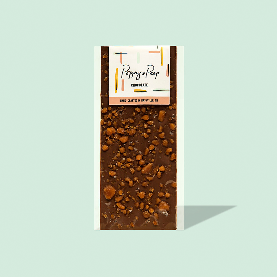 Poppy & Peep salted toffee milk chocolate bar topped with toffee pieces and sea salt