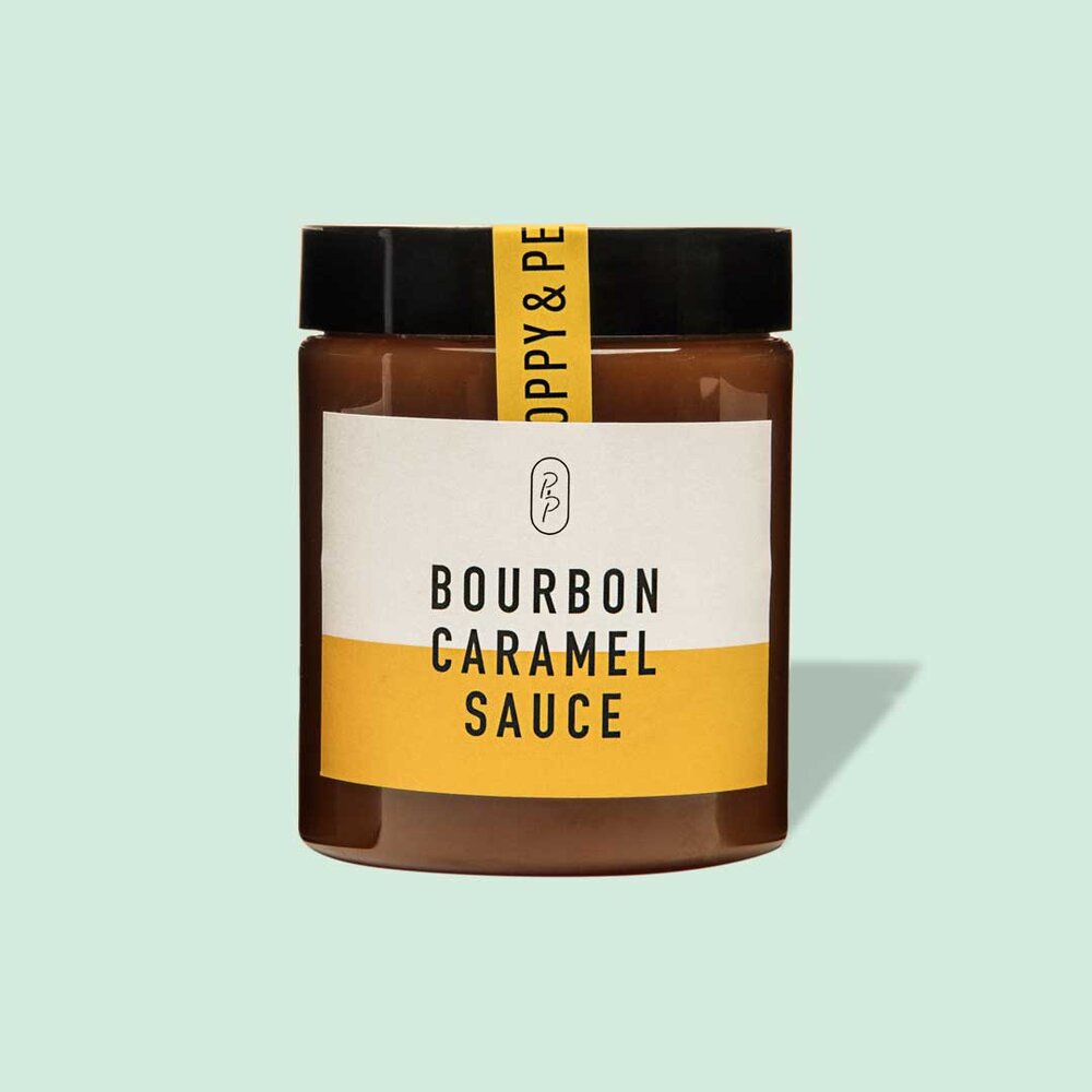 Poppy & Peep bourbon caramel sauce jar with a yellow label