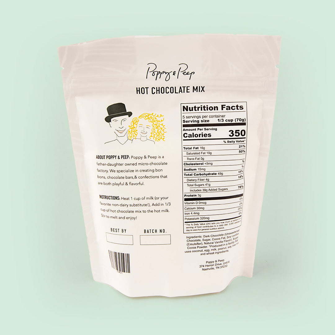 Back of the Poppy & Peep Hot Chocolate Mix bag with directions and nutrition facts